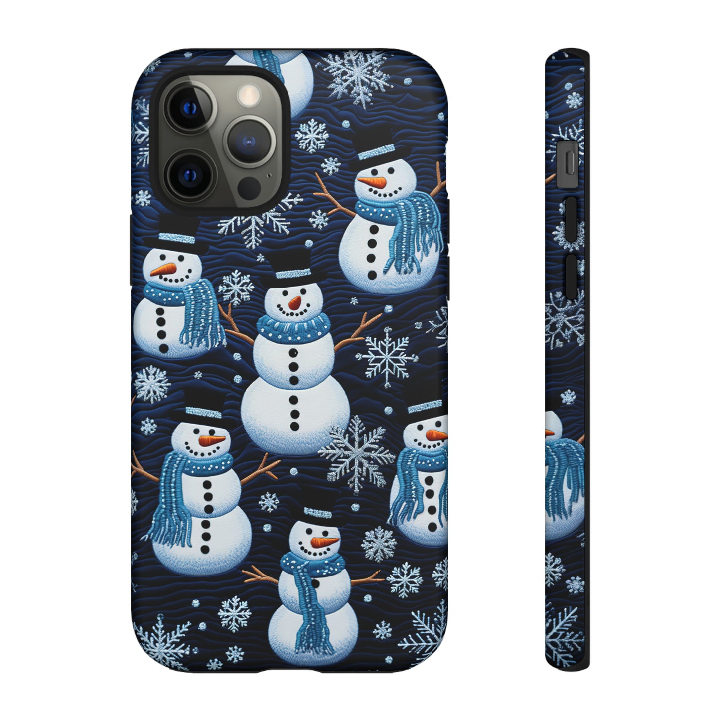 Snowmen Embroidery Effect iPhone Case | Winter Phone Cover | Dual-Layer Tough Case | iPhone 15