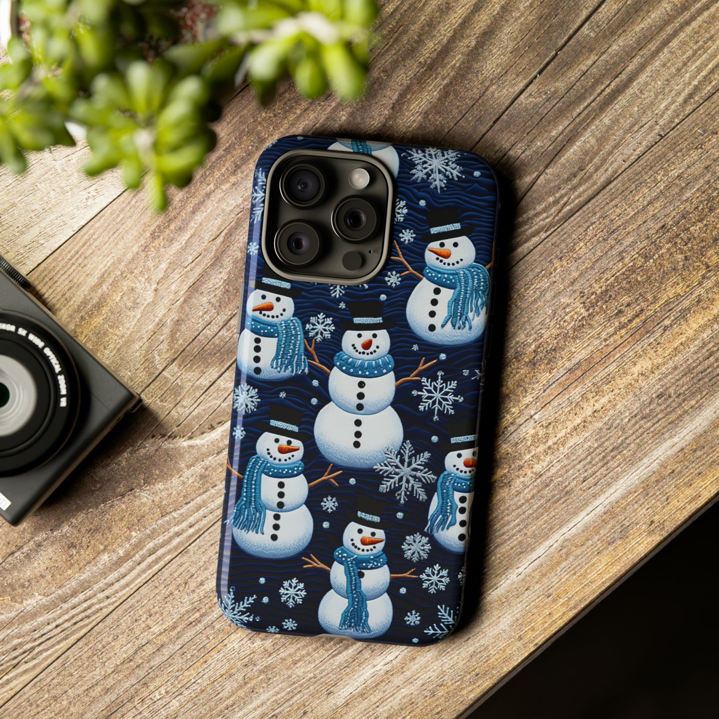 Snowmen Embroidery Effect iPhone Case | Winter Phone Cover | Dual-Layer Tough Case | iPhone 15