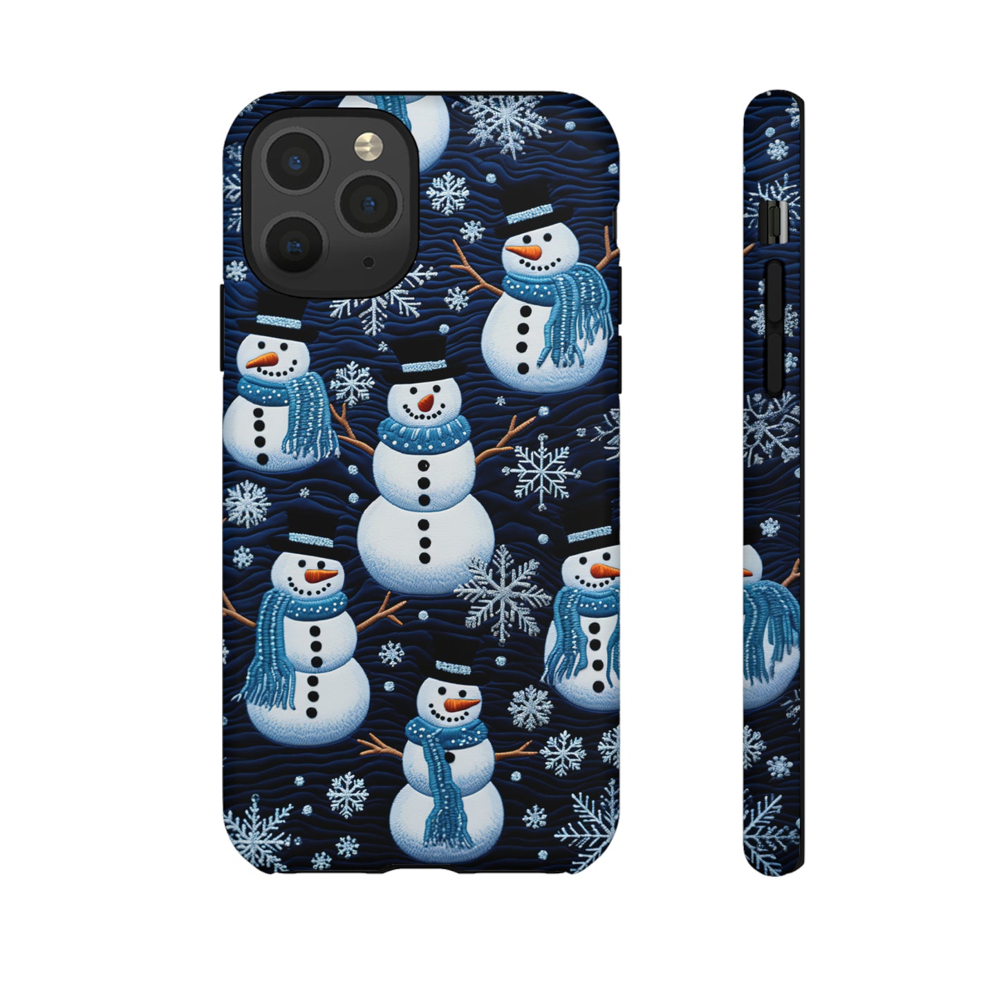 Snowmen Embroidery Effect iPhone Case | Winter Phone Cover | Dual-Layer Tough Case | iPhone 15