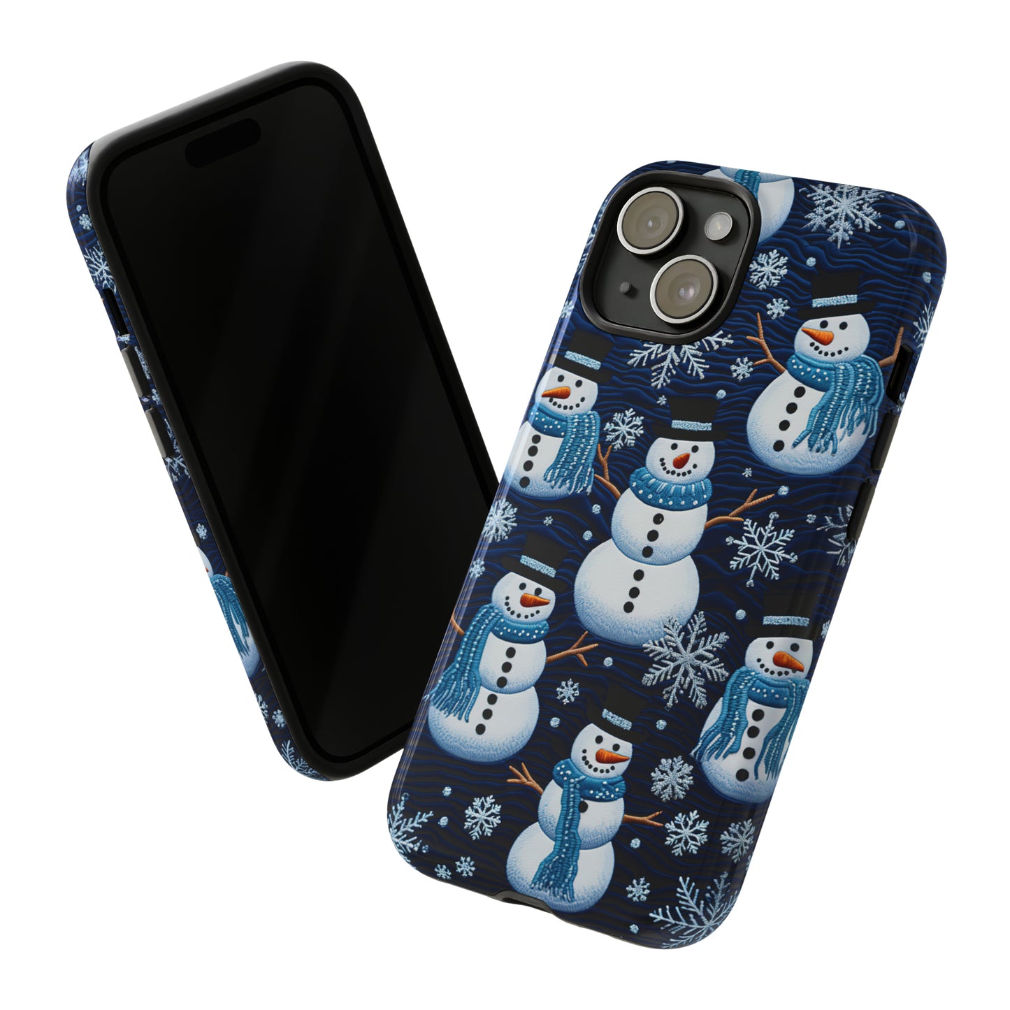 Snowmen Embroidery Effect iPhone Case | Winter Phone Cover | Dual-Layer Tough Case | iPhone 15