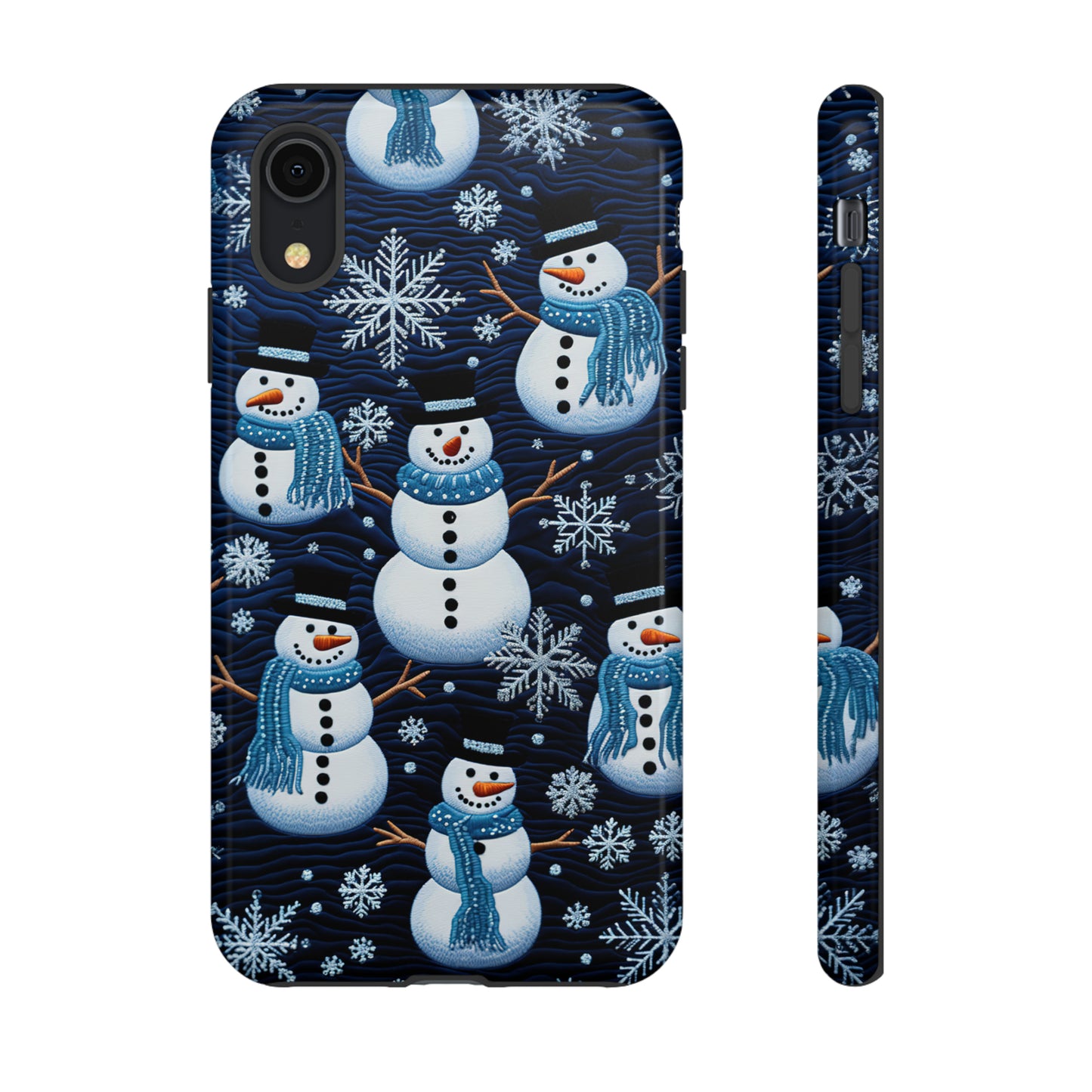 Snowmen Embroidery Effect iPhone Case | Winter Phone Cover | Dual-Layer Tough Case | iPhone 15