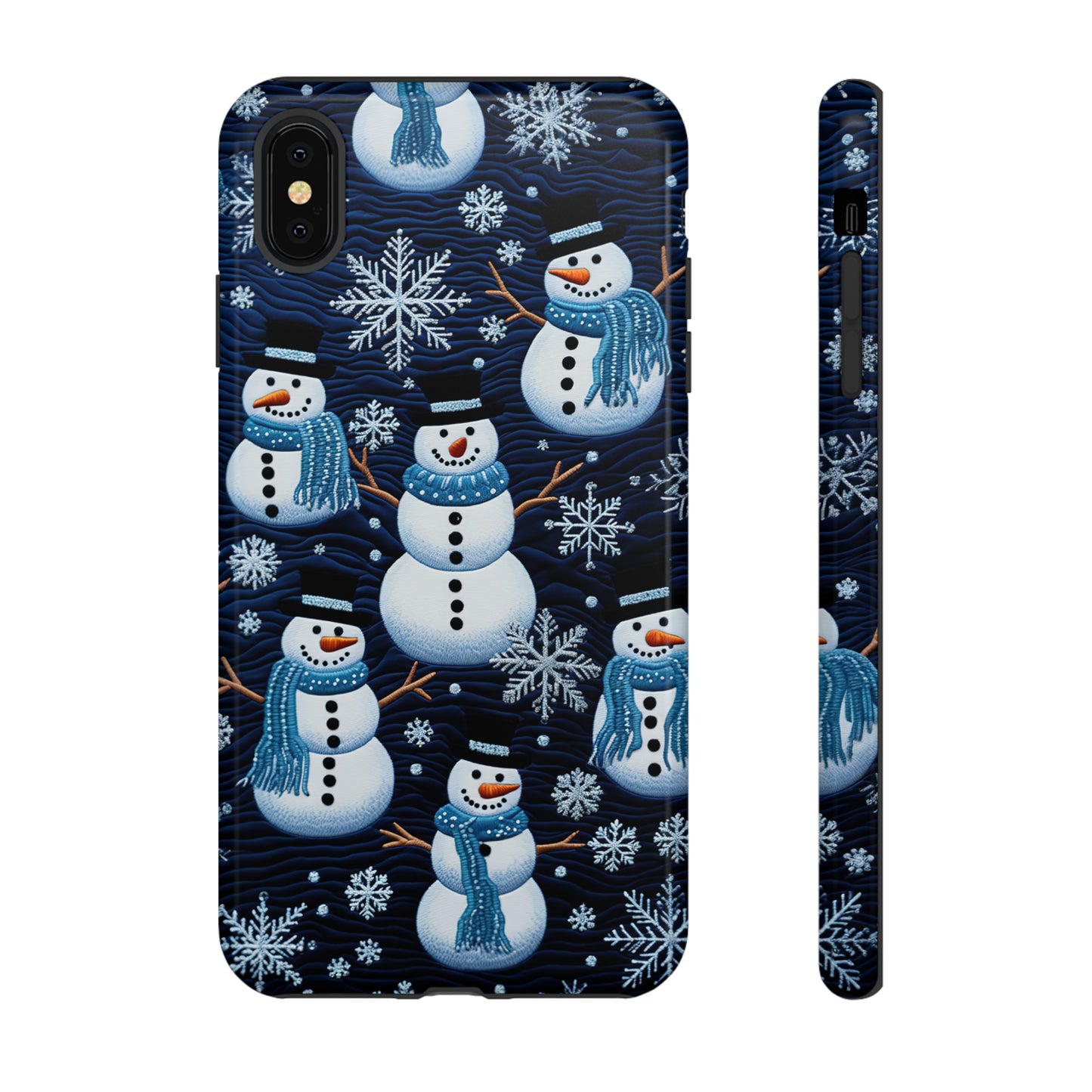 Snowmen Embroidery Effect iPhone Case | Winter Phone Cover | Dual-Layer Tough Case | iPhone 15