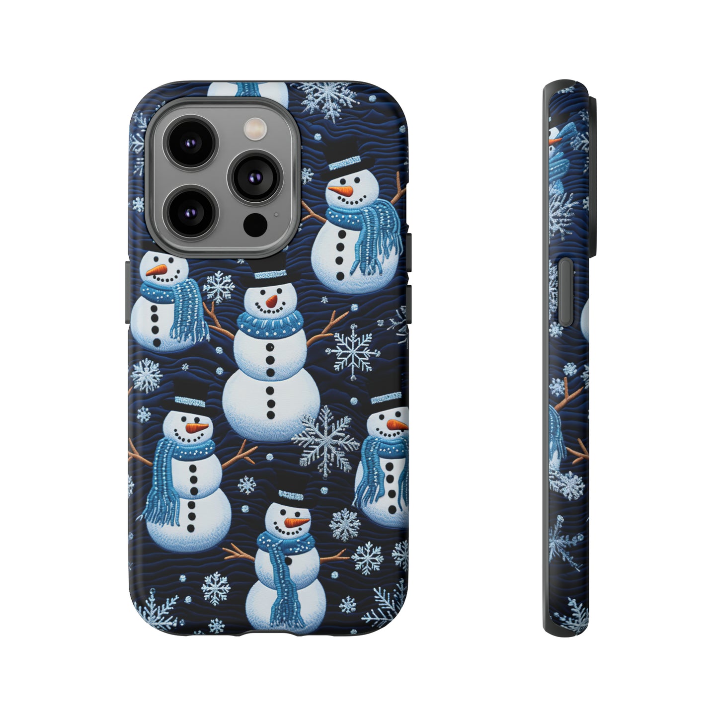 Snowmen Embroidery Effect iPhone Case | Winter Phone Cover | Dual-Layer Tough Case | iPhone 15