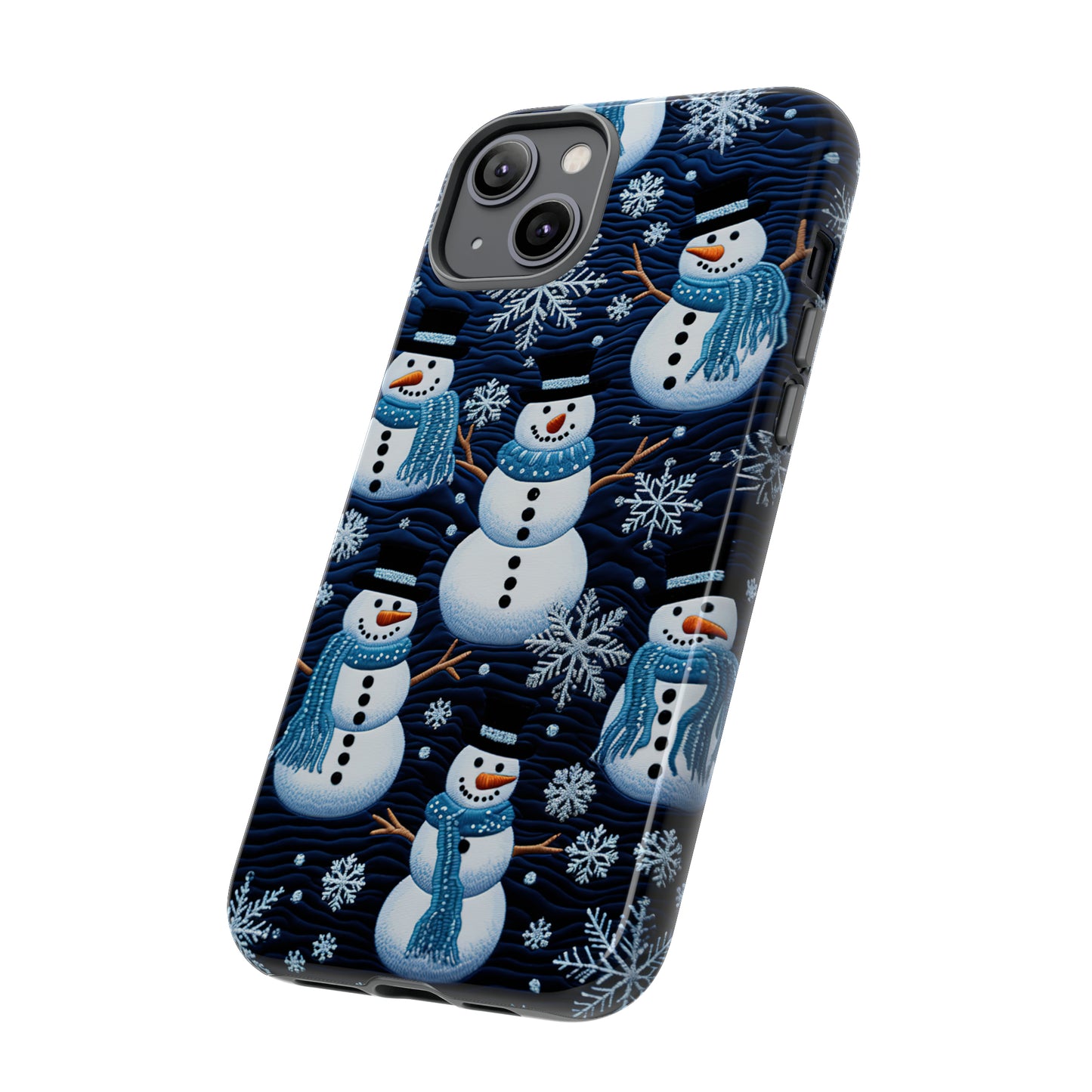 Snowmen Embroidery Effect iPhone Case | Winter Phone Cover | Dual-Layer Tough Case | iPhone 15