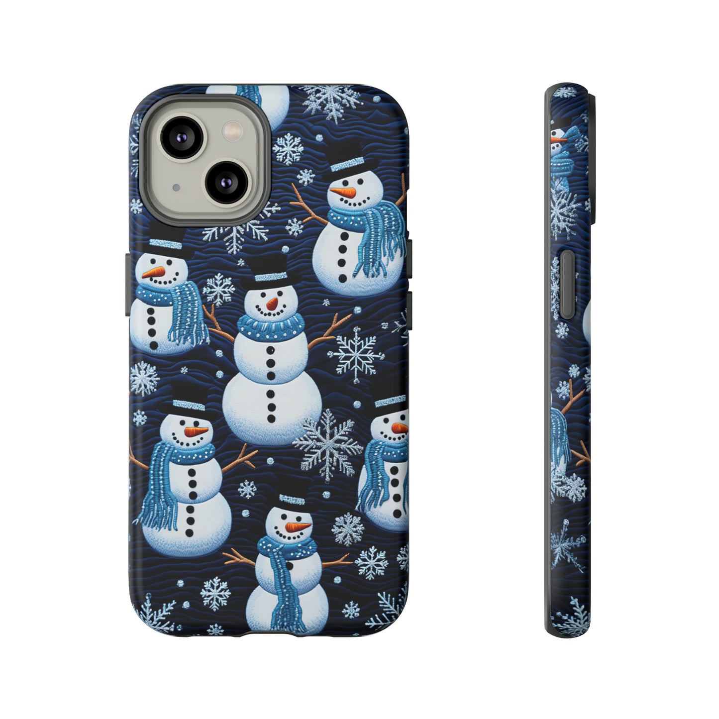 Snowmen Embroidery Effect iPhone Case | Winter Phone Cover | Dual-Layer Tough Case | iPhone 15