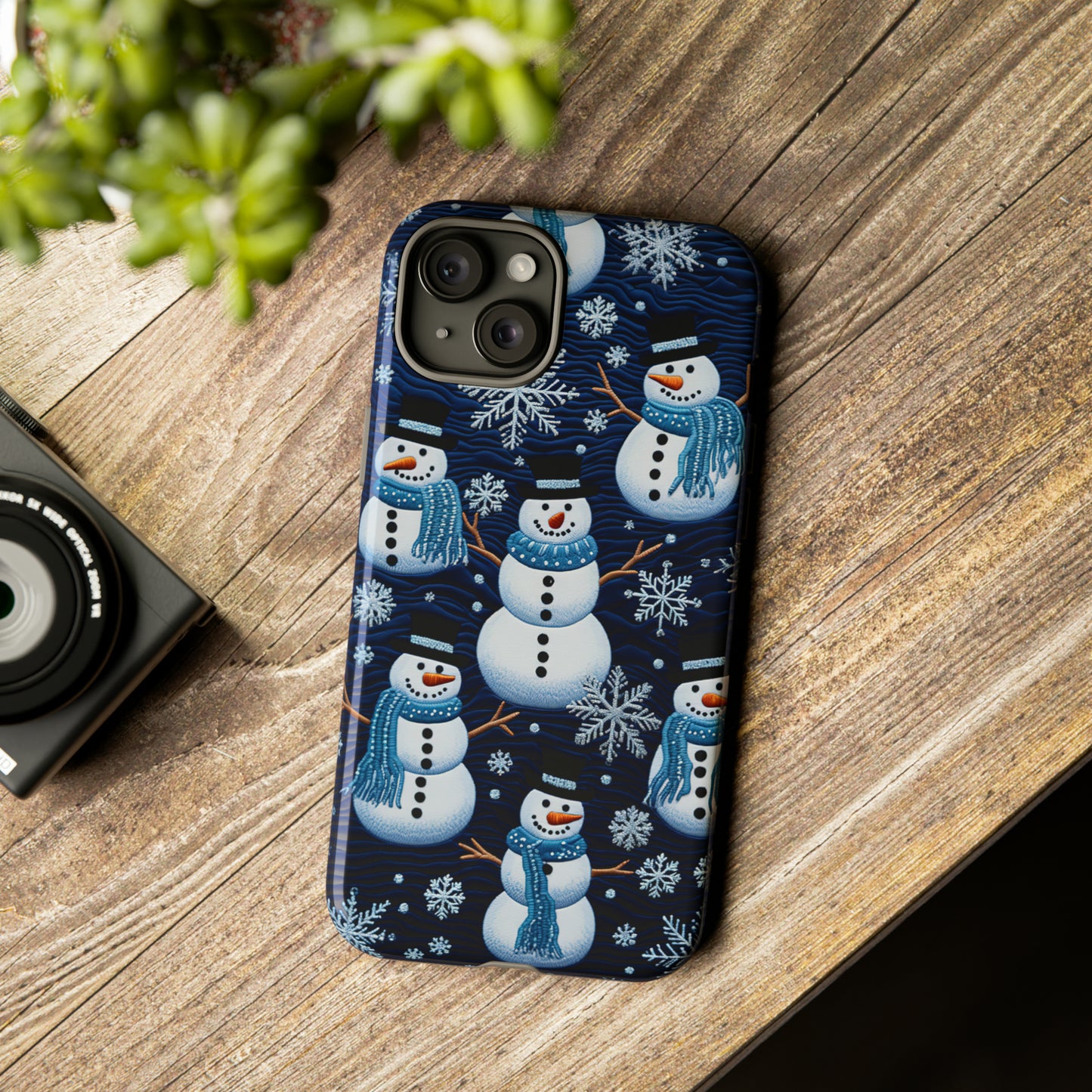 Snowmen Embroidery Effect iPhone Case | Winter Phone Cover | Dual-Layer Tough Case | iPhone 15