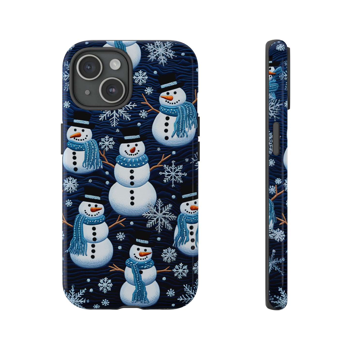 Snowmen Embroidery Effect iPhone Case | Winter Phone Cover | Dual-Layer Tough Case | iPhone 15