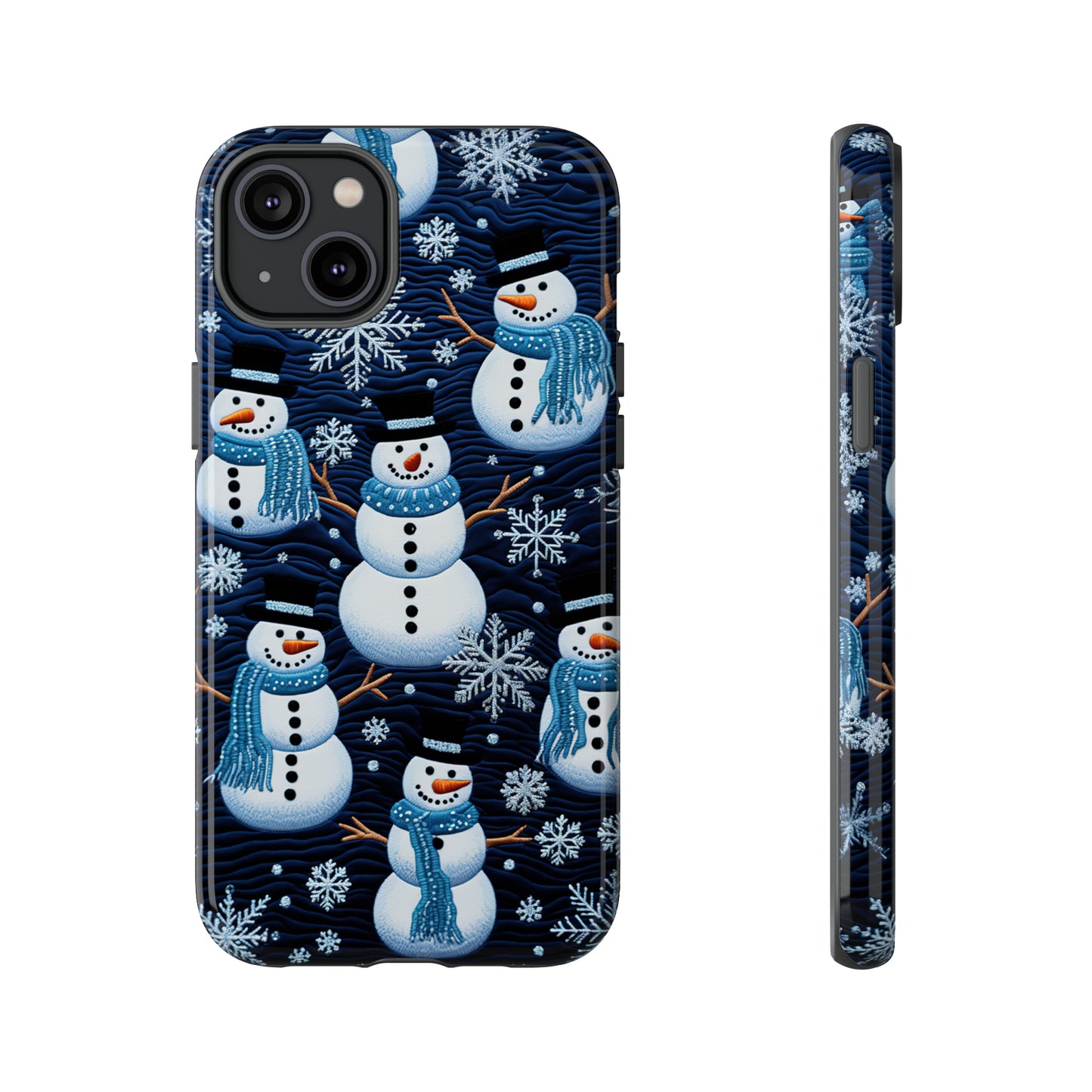 Snowmen Embroidery Effect iPhone Case | Winter Phone Cover | Dual-Layer Tough Case | iPhone 15