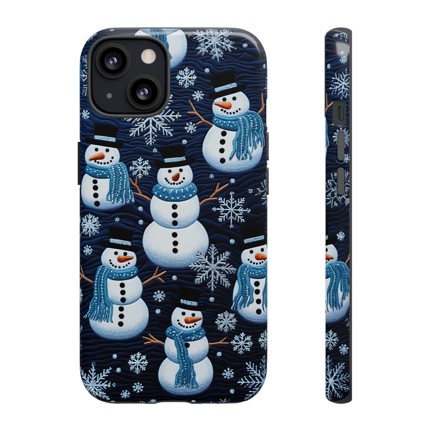 Snowmen Embroidery Effect iPhone Case | Winter Phone Cover | Dual-Layer Tough Case | iPhone 15