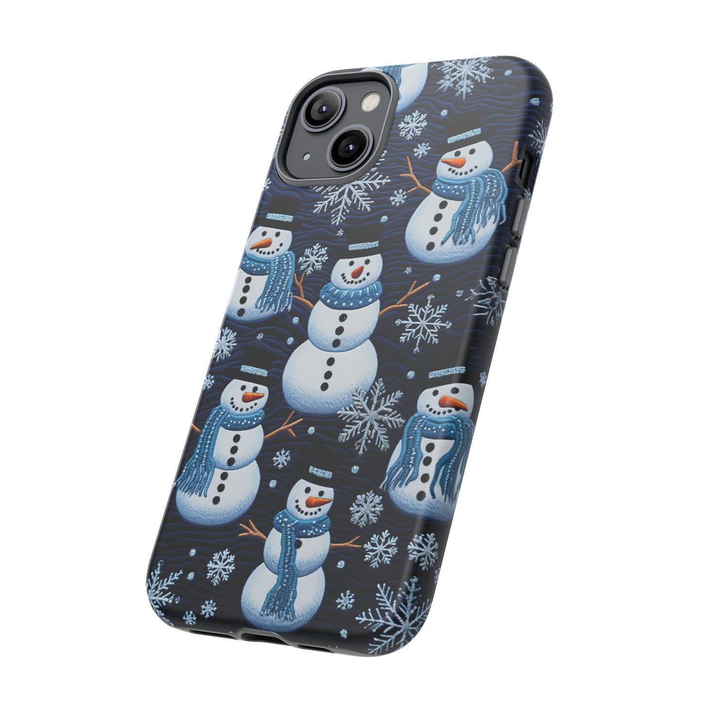 Snowmen Embroidery Effect iPhone Case | Winter Phone Cover | Dual-Layer Tough Case | iPhone 15