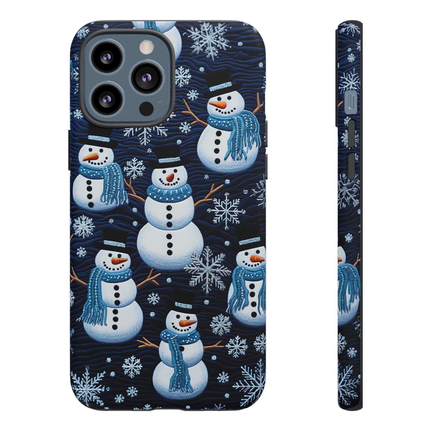 Snowmen Embroidery Effect iPhone Case | Winter Phone Cover | Dual-Layer Tough Case | iPhone 15