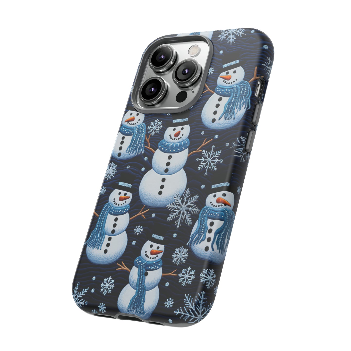 Snowmen Embroidery Effect iPhone Case | Winter Phone Cover | Dual-Layer Tough Case | iPhone 15