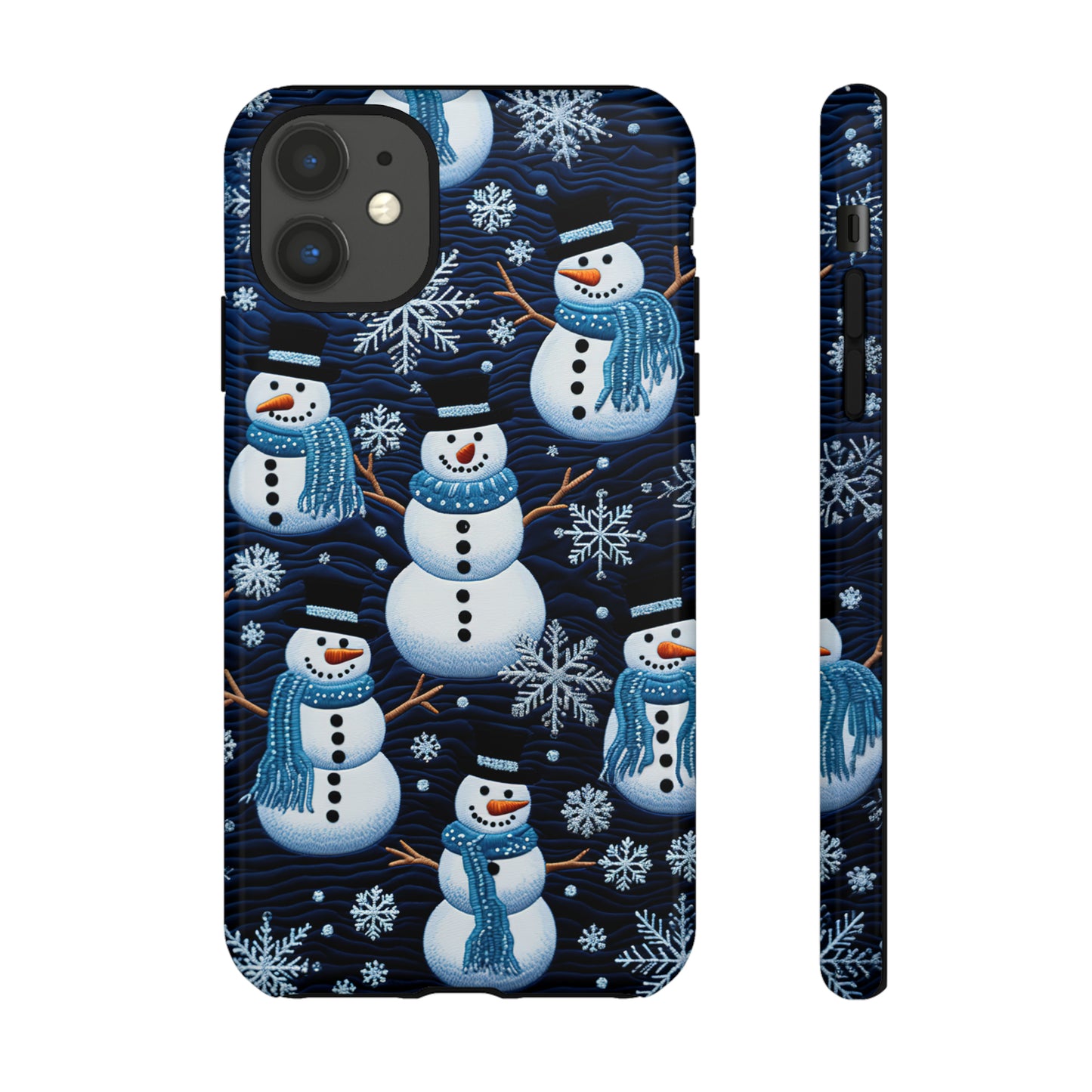 Snowmen Embroidery Effect iPhone Case | Winter Phone Cover | Dual-Layer Tough Case | iPhone 15