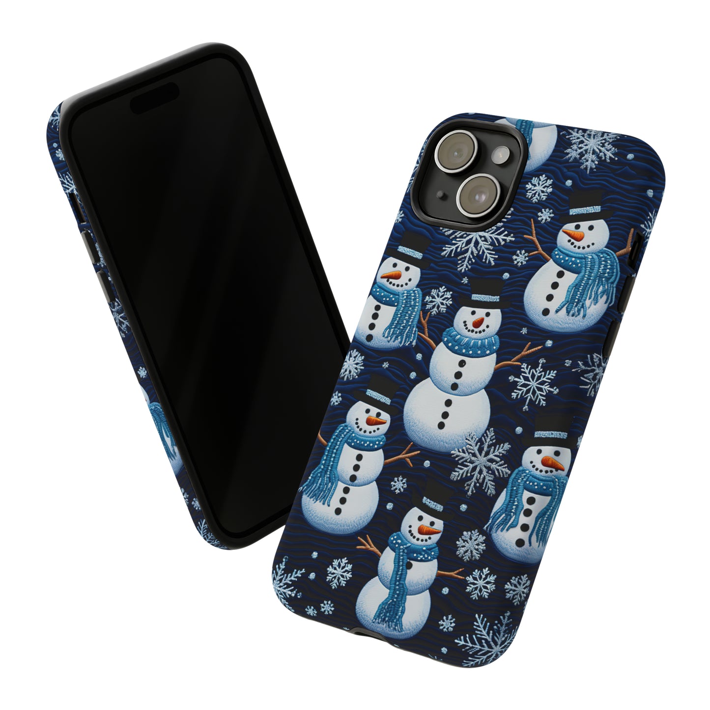 Snowmen Embroidery Effect iPhone Case | Winter Phone Cover | Dual-Layer Tough Case | iPhone 15