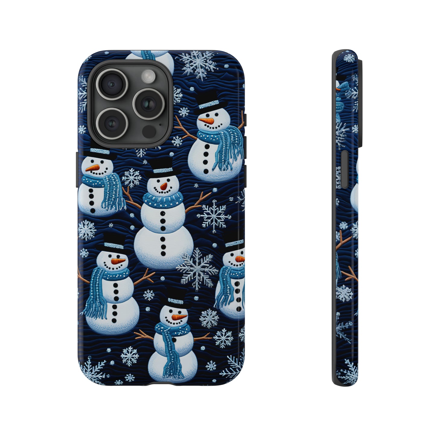 Snowmen Embroidery Effect iPhone Case | Winter Phone Cover | Dual-Layer Tough Case | iPhone 15