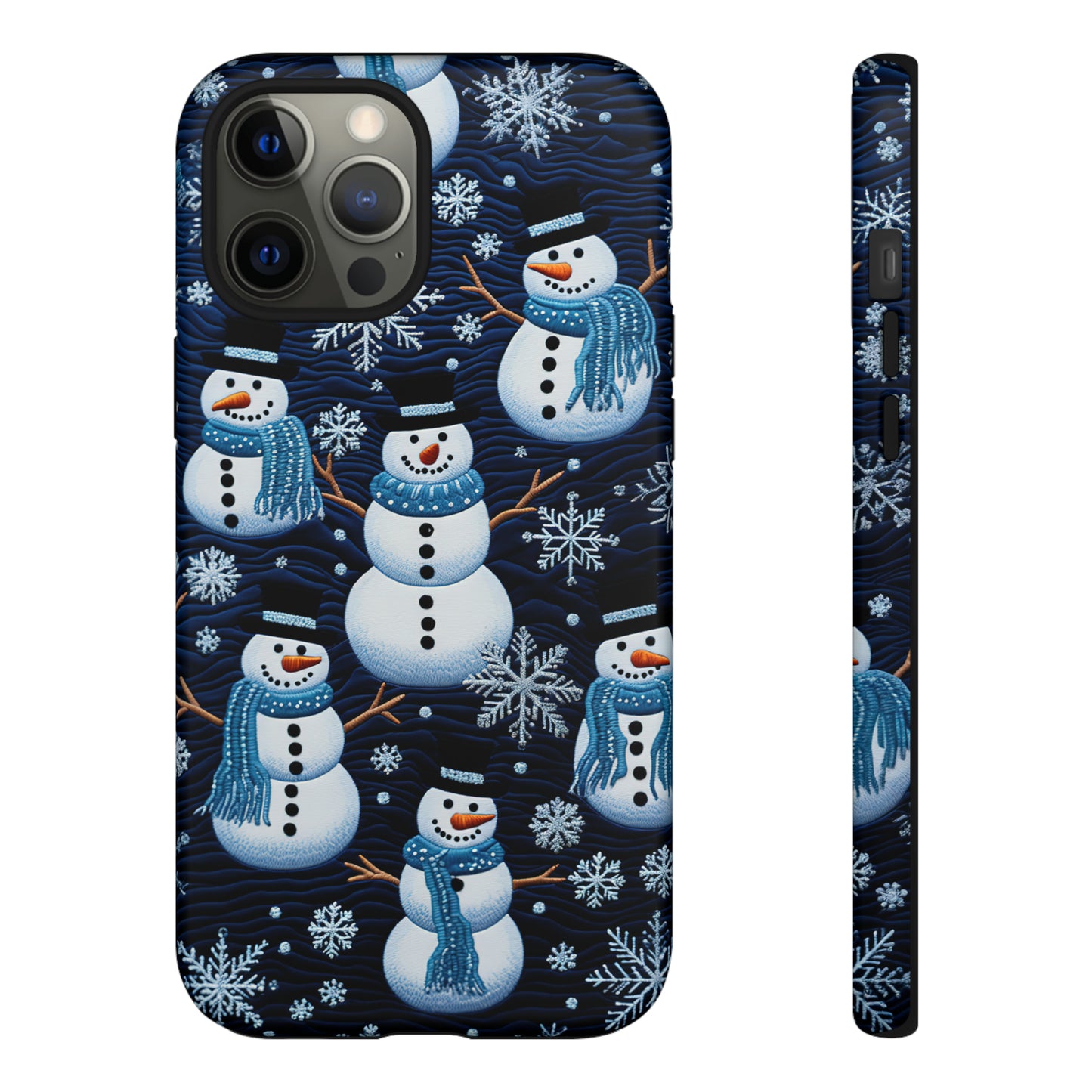 Snowmen Embroidery Effect iPhone Case | Winter Phone Cover | Dual-Layer Tough Case | iPhone 15