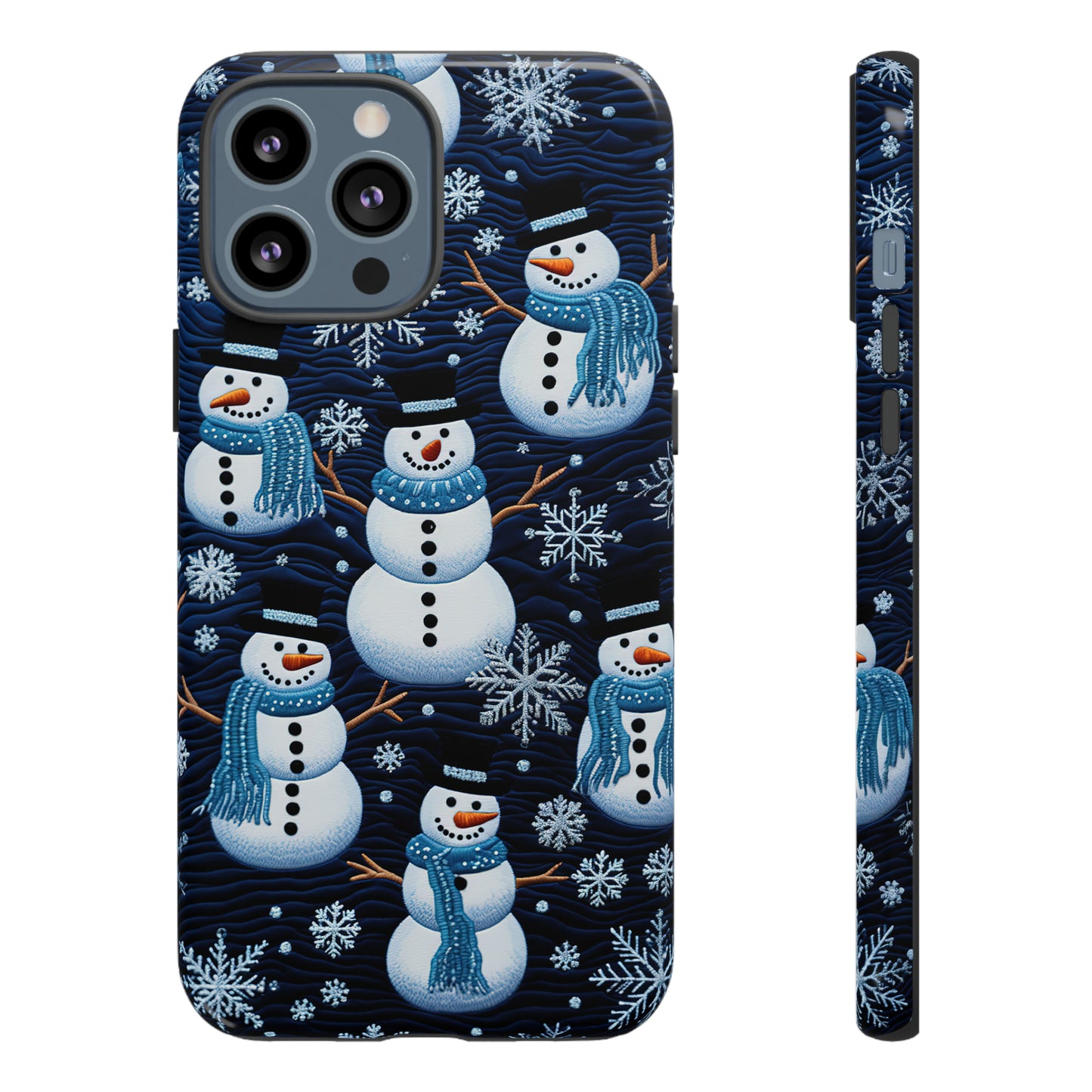 Snowmen Embroidery Effect iPhone Case | Winter Phone Cover | Dual-Layer Tough Case | iPhone 15