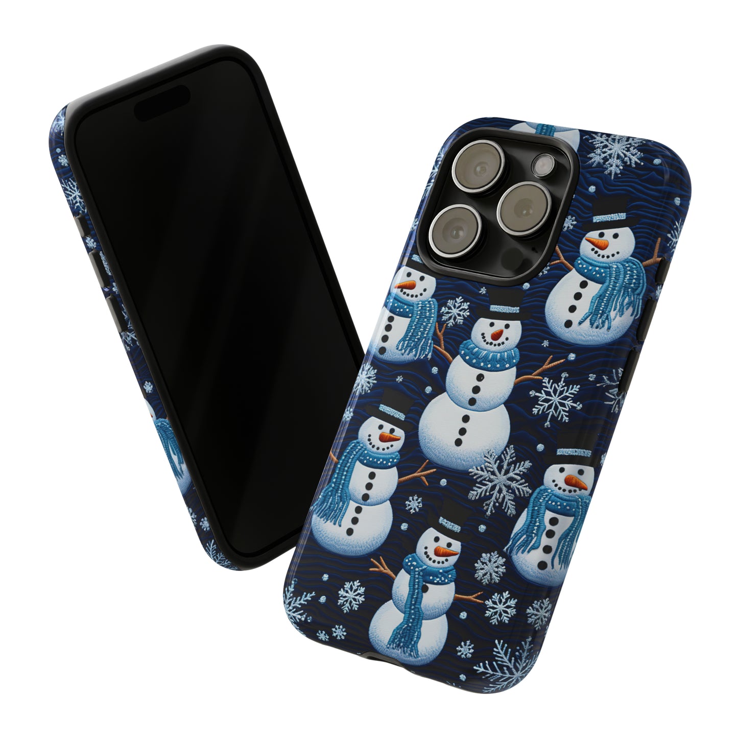 Snowmen Embroidery Effect iPhone Case | Winter Phone Cover | Dual-Layer Tough Case | iPhone 15