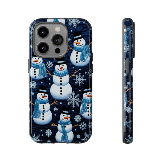 Snowmen Embroidery Effect iPhone Case | Winter Phone Cover | Dual-Layer Tough Case | iPhone 15