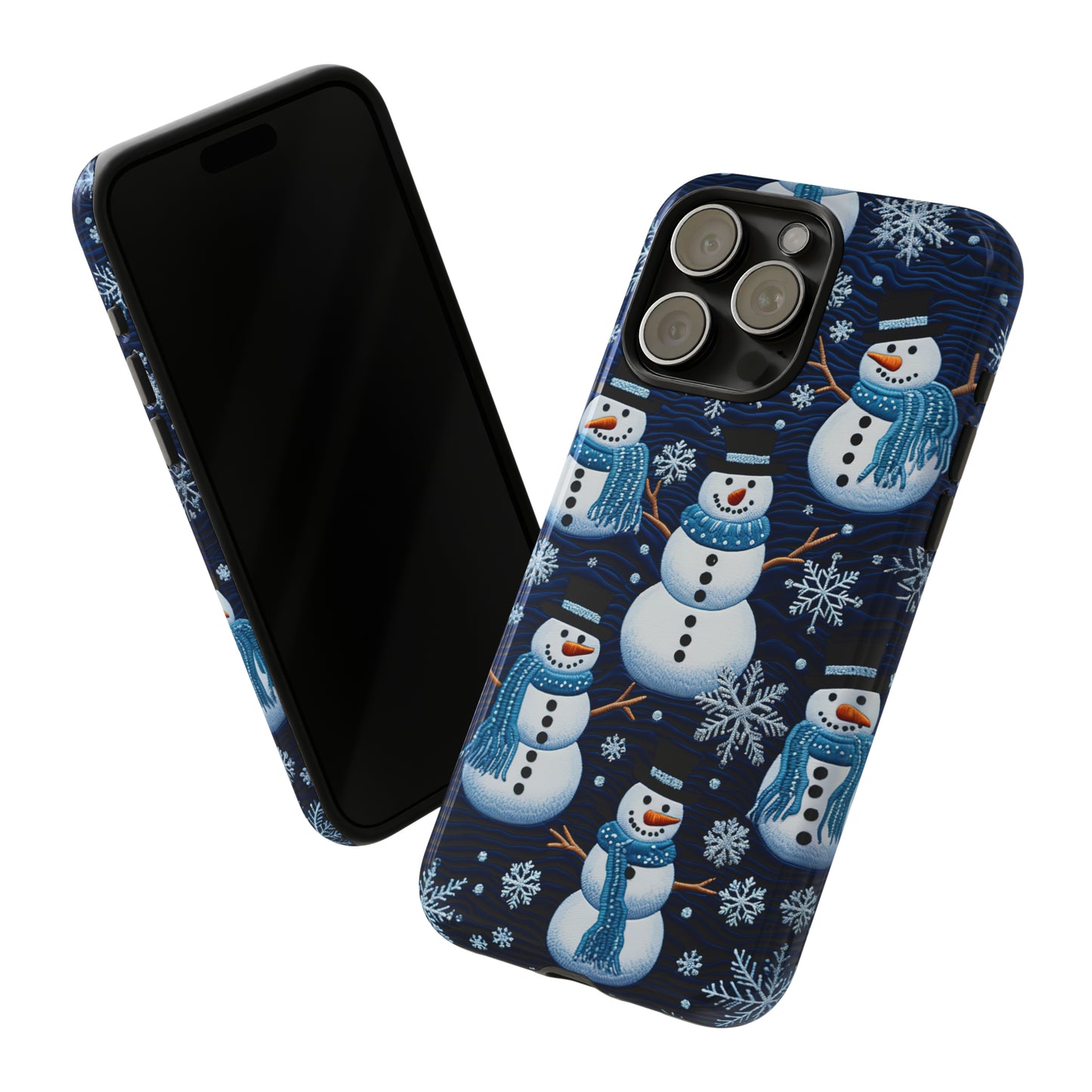 Snowmen Embroidery Effect iPhone Case | Winter Phone Cover | Dual-Layer Tough Case | iPhone 15