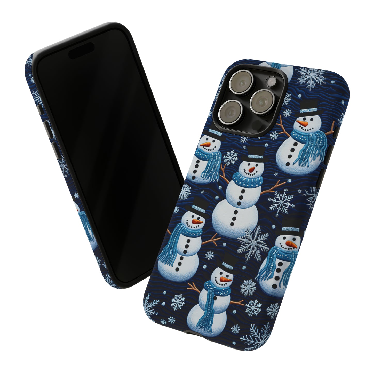 Snowmen Embroidery Effect iPhone Case | Winter Phone Cover | Dual-Layer Tough Case | iPhone 15