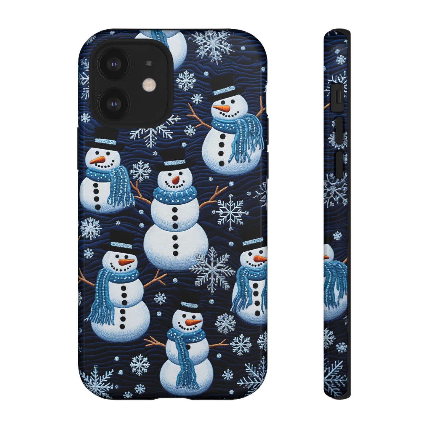 Snowmen Embroidery Effect iPhone Case | Winter Phone Cover | Dual-Layer Tough Case | iPhone 15